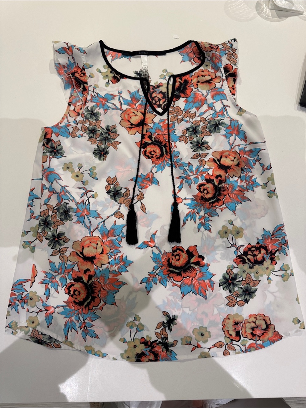 Kenzie White Floral Tassel Tie Sleeveless Top